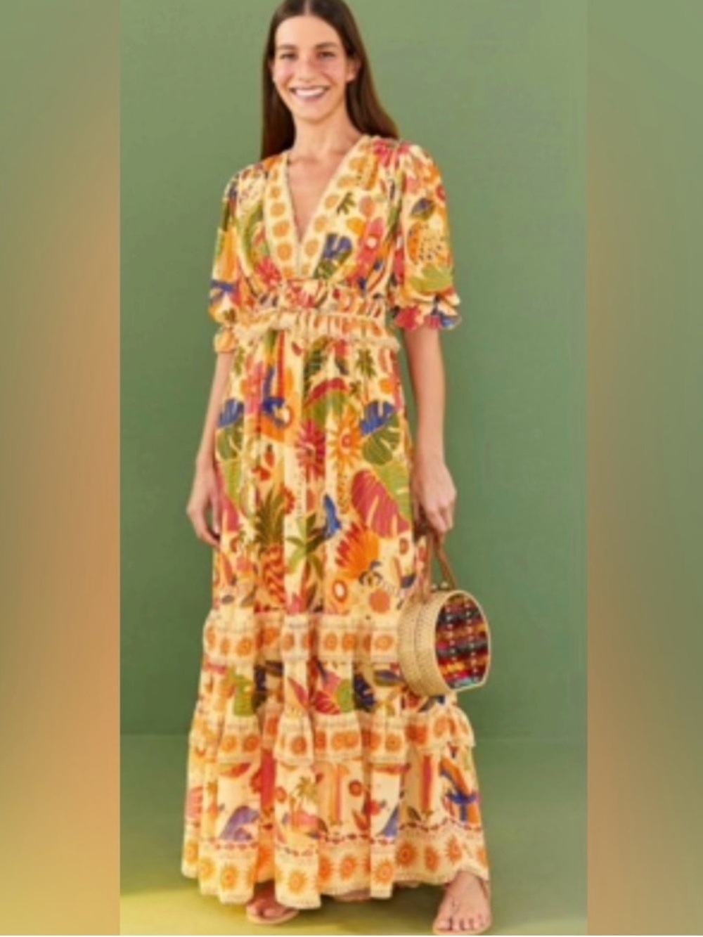 FARM Rio Yellow Tropical Floral V-Neck Maxi Dress